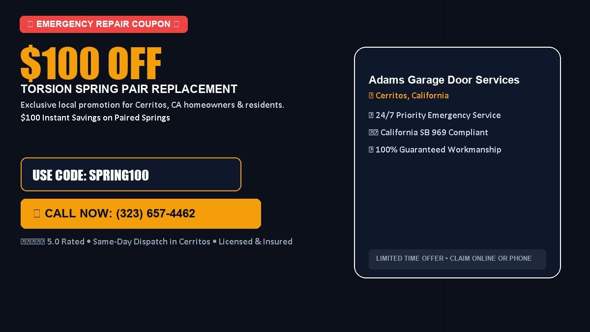 Adams Garage Door Services $100 OFF Dual Torsion Spring Replacement in Cerritos, CA
